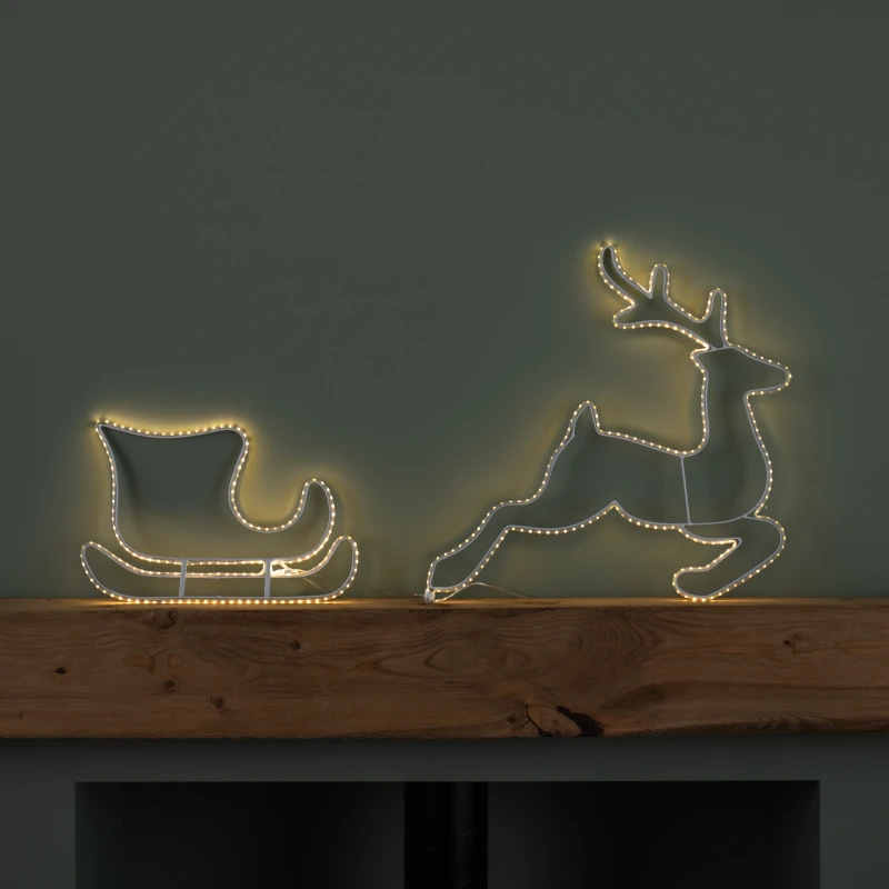 Image of 42cm Light up Hanging Christmas Reindeer and Sleigh Silhouette with Warm White LEDs