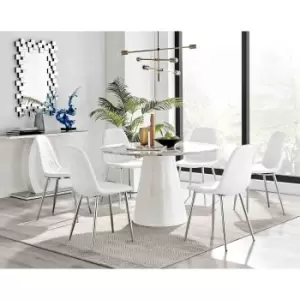 Image of Furniture Box Palma White Marble Effect Round Dining Table and 6 White Corona Silver Chairs