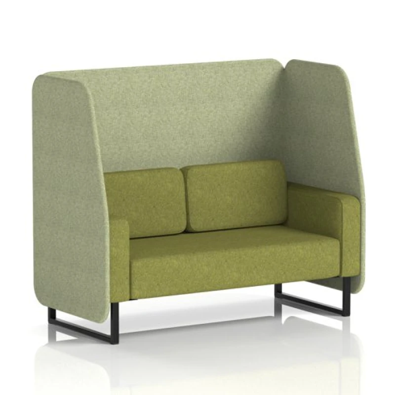 Image of Brixworth 2 Seater Open Office Booth with Black Legs in Rivet Fabric - Burnish Panels and Olive Sofa