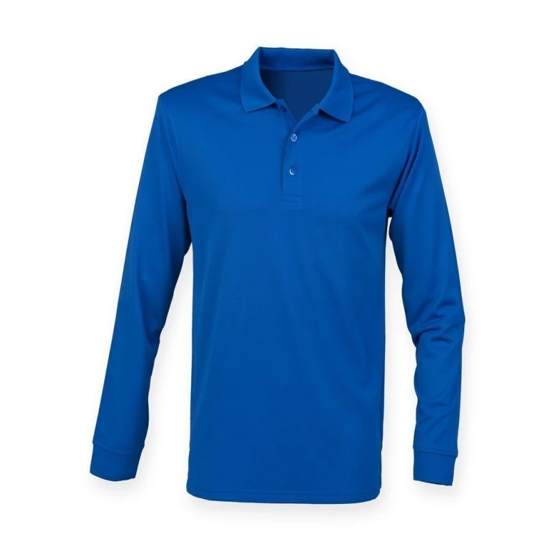 Image of Henbury Mens Long Sleeve Coolplus Piqu Polo Shirt in Blue Size: XS Blue Male XS