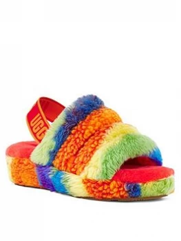 Image of UGG Fluff Yeah Slide Cali Collage Slipper - Multi, Rainbow Stripes, Size 7, Women