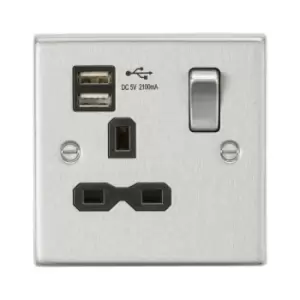 Image of Knightsbridge - 13A 1G Switched Socket Dual usb Charger (2.1A) with Black Insert - Square Edge Brushed Chrome