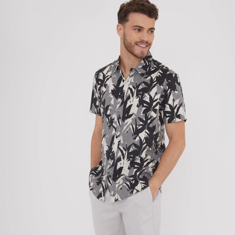 Image of Threadbare 'Jungle' Leaf Print Short Sleeve Shirt Black male