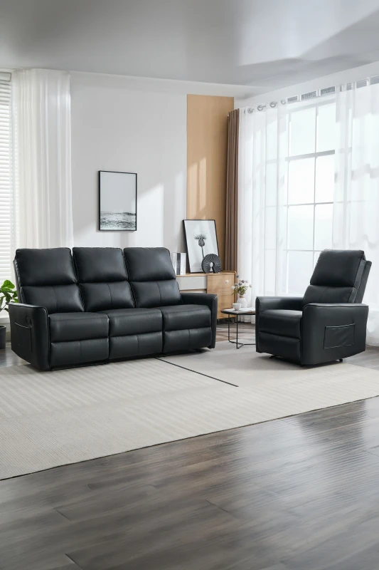 Image of More4Homes Madrid 1+3 Seater Manual Air Leather Recliner Sofa Set Black