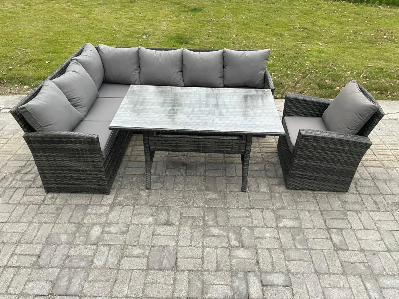 Image of Fimous Outdoor Rattan Garden Furniture Corner Sofa Set with Rectangular Dining Table Armchair Patio Wicker Rattan Set in Dark Grey Dark Grey Unisex