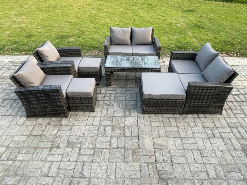 Image of Fimous 9 Seater Dark Grey Mixed High Back Rattan Sofa Set Coffee Table Garden Furniture Outdoor Patio With Love Sofa Arm Chairs 3 Footstools Dark Grey