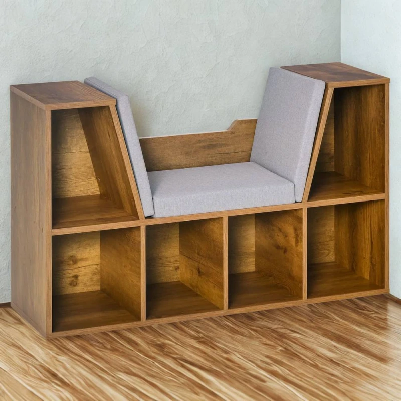 Image of FURNOS Modern Bookcase Storage Cabinet With Reading Seat Rustic Brown Brown Unisex