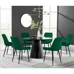 Image of Furniture Box Palma Black Semi Gloss Round Dining Table and 6 Green Pesaro Black Leg Chairs