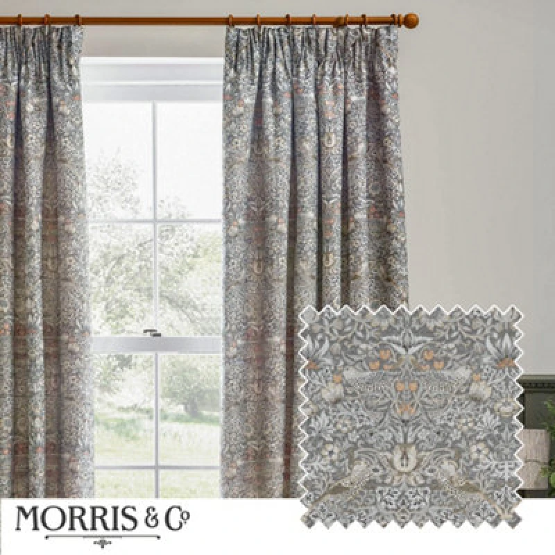 Image of Morris & Co Morris & Co Strawberry Thief Jacquard Jacquard Floral Room Darkening Pencil Pleat Curtains in Beige Size: 229cm width x 229cm drop Beige