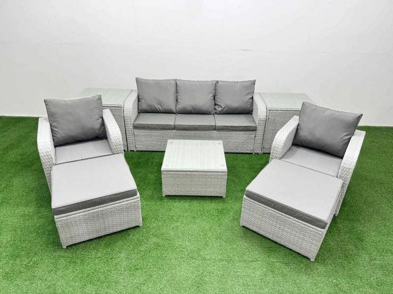 Image of Fimous PE Rattan Garden Furniture Set Reclining Chair Sofa Lounge Sofa Set Square Coffee Table 2 Side Table 2 Big Footstool Light Grey Light Grey