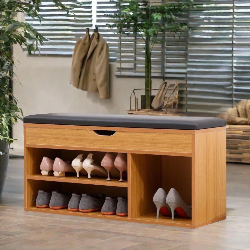 Image of Rafaelo Mobilia Wooden Shoe Storage Bench With Cushioned Seat 90CM in Light Tan Light Tan Unisex