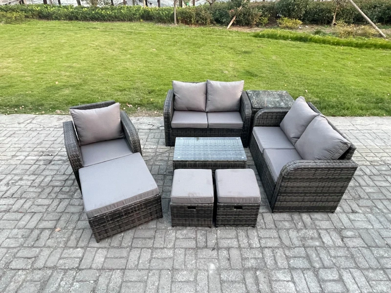 Image of Fimous High Back Rattan Garden Furniture Set with Loveseat Sofa Rectangular Coffee Table 3 Footstools Side Table Indoor Outdoor Patio Lounge Sofa Set