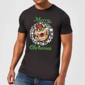 Image of Nintendo Super Mario Bowser White Wreath Merry Christmas Black T-Shirt - S - Black