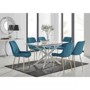 Image of Lira 120 Extending Dining Table and 6 Blue Pesaro Gold Leg Chairs - Blue