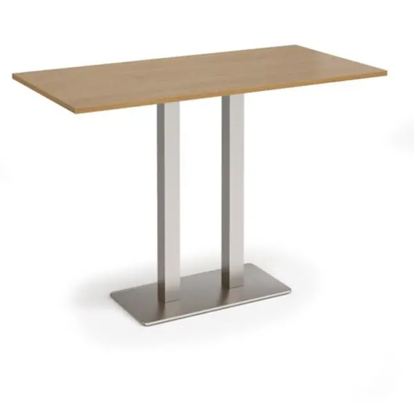 Image of Eros Eros rectangular poseur table with flat brushed steel rectangular base and twin uprights 1600mm x 800mm - oak EPR1600-BS-O