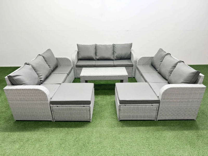 Image of Fimous PE Rattan Lounge Sofa Set 11 Seater Outdoor Garden Furniture Set with Oblong Coffee Table 3 Seater Sofa 2 Big Footstools Light Grey Light Grey