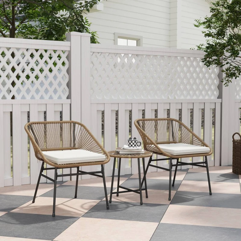 Image of Outsunny Rattan Bistro Set, Small Balcony Furniture with Cushion, Light Grey Medium Beige