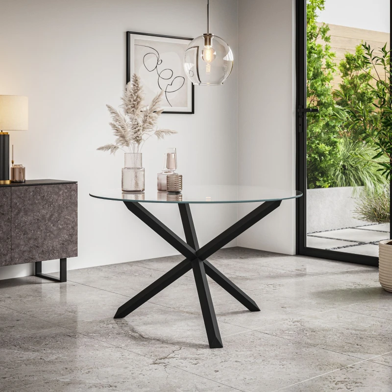 Image of More4Homes Malvern Round Dining Table Clear Glass Table Top W Solid Black Oak Legs