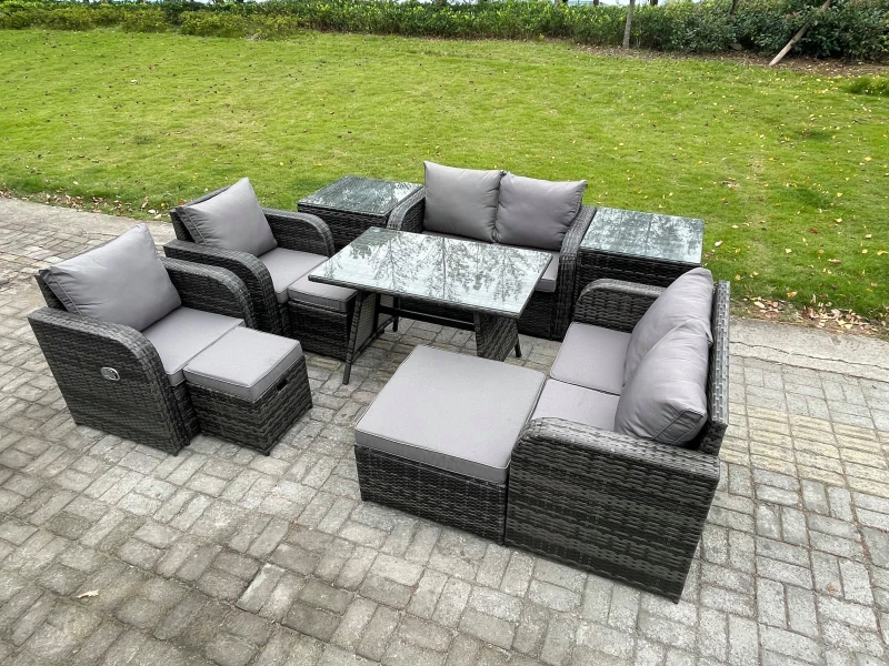 Image of Fimous 9 Seater Wicker PE Rattan Garden Dining Set Outdoor Furniture Sofa with Rectangular Dining Table 3 Footstools Dark Grey Mixed Dark Grey