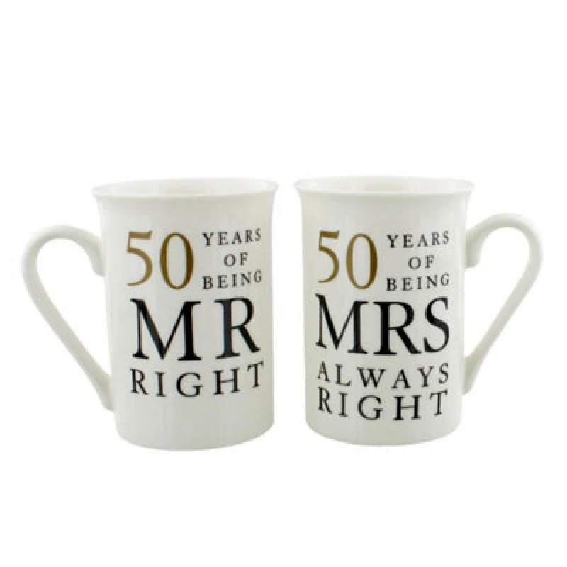 Image of Happy Homewares Ivory White 50Th Anniversary Mr Right & Mrs Always Right Ceramic Mug Gift Set