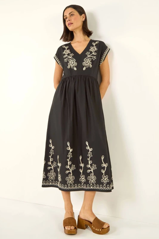 Image of Roman Womens Embroidered V-Neck Midi Dress in Black Size: 16 Black Female 16