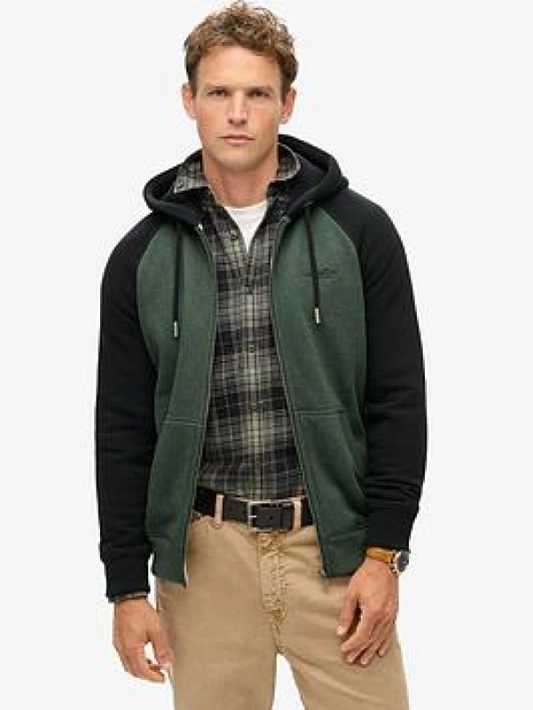 Image of Superdry Essential Baseball Zip Hoodie Deep Forest Green Marl/Black S