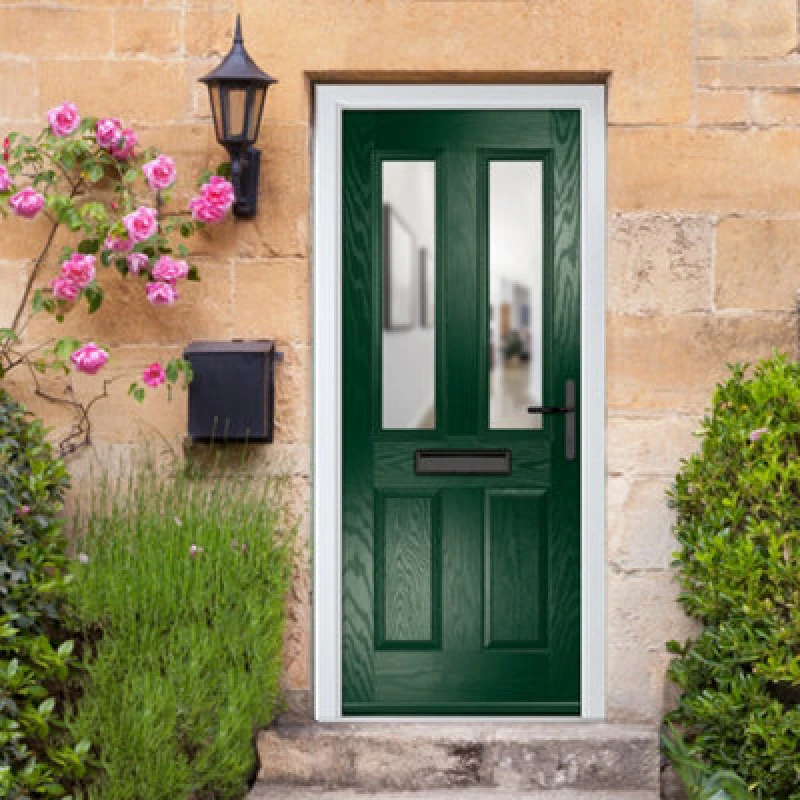 Image of Lacerta Composite Door Carnoustie Green 920mm X 2090mm Open In Left Hand Clear Glass 10 Year Guarantee - Free Delivery & Smart Lock