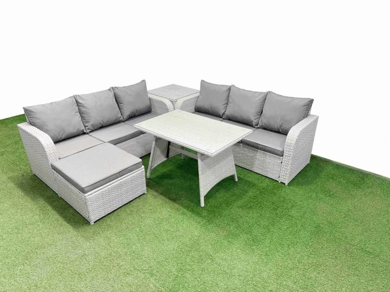 Image of Fimous Rattan High Back Lounge Sofa Set with 3 Seater Sofa Side Table Stool in Light Grey Light Grey Unisex