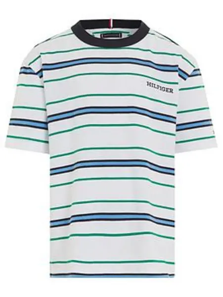 Image of Tommy Hilfiger Boys Monotype Stripes Short Sleeve T-Shirt - White Base/Green Stripe, Multi, Size 8 Years
