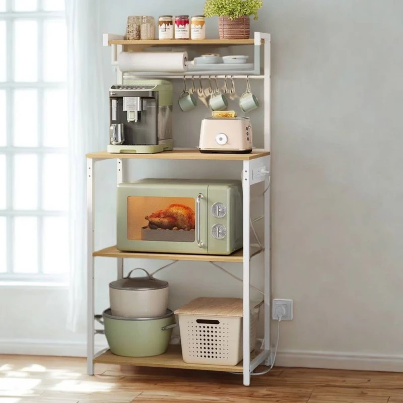 Image of Pirlo Plush Industrial 4 Tier Smart Kitchen Bakers Rack With Power Outlets in Light Oak Light Oak Unisex