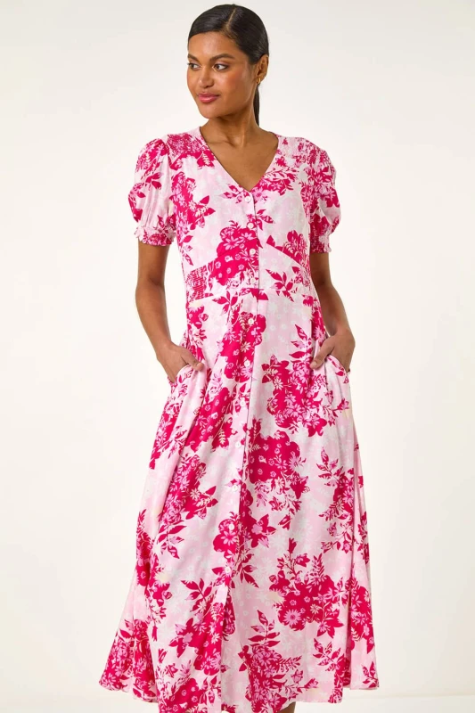 Image of Roman Womens Button Through Floral Shirred Midi Dress in Pink Size: 20 Pink Female 20