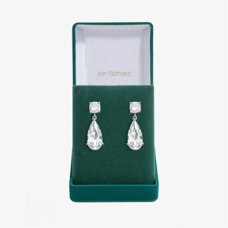 Image of Jon Richard Rhodium Plated Cubic Zirconia Mixed Stone Peardrop Earrings - Gift Boxed Silver