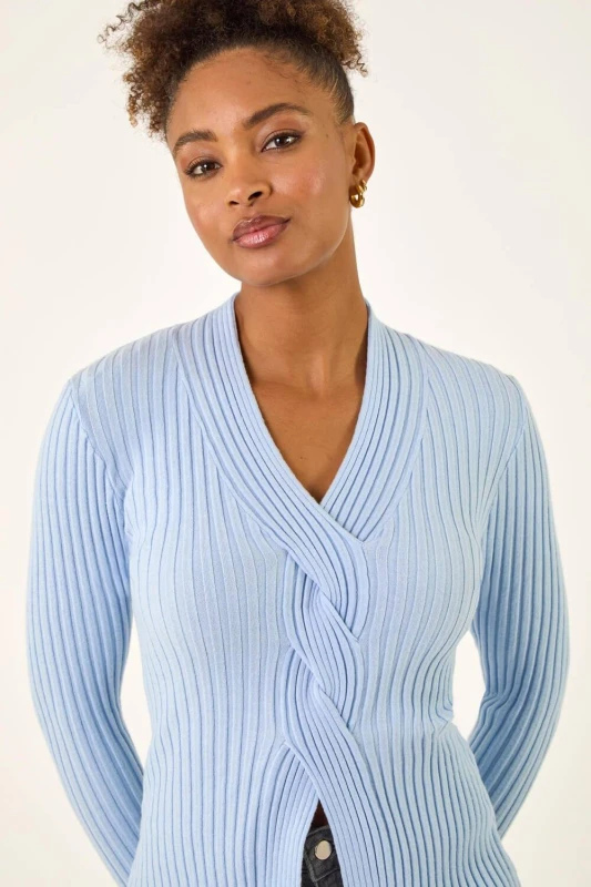 Image of Roman Womens Cable Split Detail Rib Jumper in Light Blue Size: 16 Light Blue Female 16
