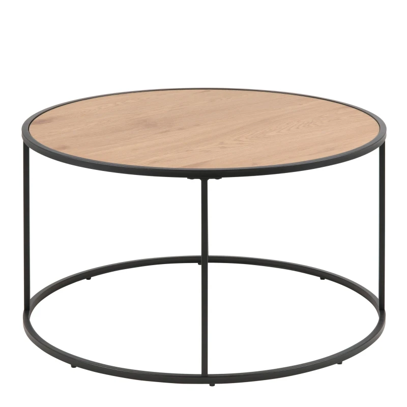 Image of Furniture To Go Seaford Black Metal Round Coffee Table with Oak Top Black Unisex