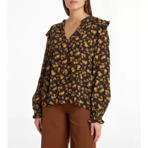 Image of Floral V-Neck Blouse with Ruffled Edging and Long Sleeves
