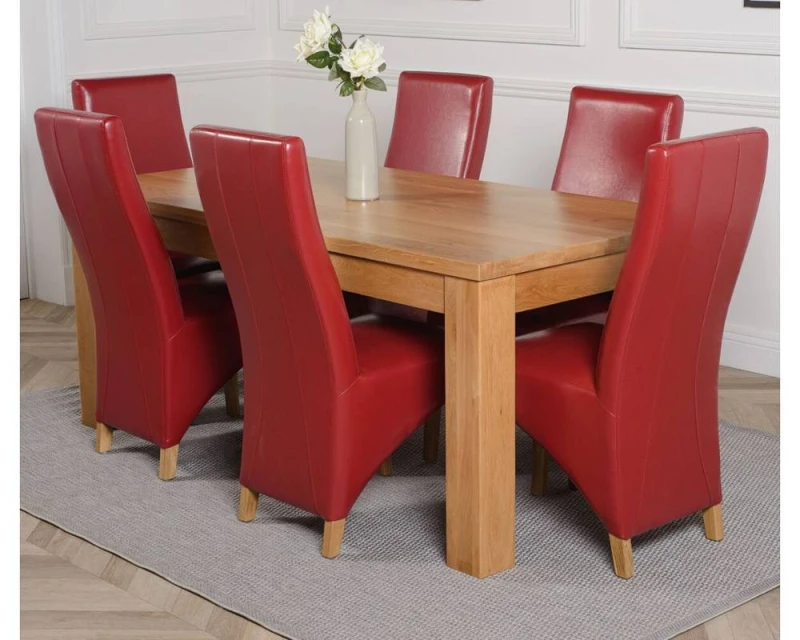 Image of Thats Furniture Dakot 182 x 92cm Oak Large Dining Table & 6 Lola Leather Chairs in Red Size: 182 x 92cm Red Unisex 182 x 92 cm