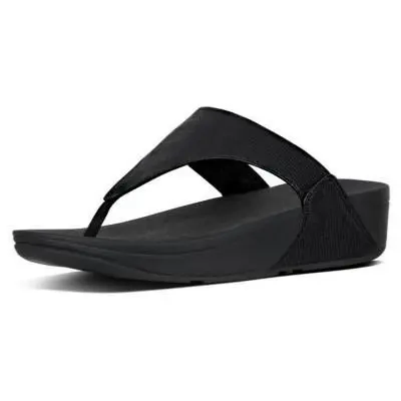 Image of FitFlop Lulu Toe Post Leather Womens Wedge Sole Sandals - Black - Size:UK 8
