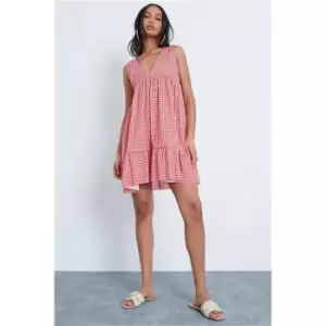 Image of I Saw It First Red Gingham Printed V Neck Frill Hem Smock Dress - Red