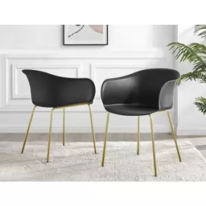 Image of Furniturebox UK - Set of 2 Furniturebox Harper Black Dining Chair Gold Legs Modern Minimalist Industrial Chic Plastic Streamline Powder Coated