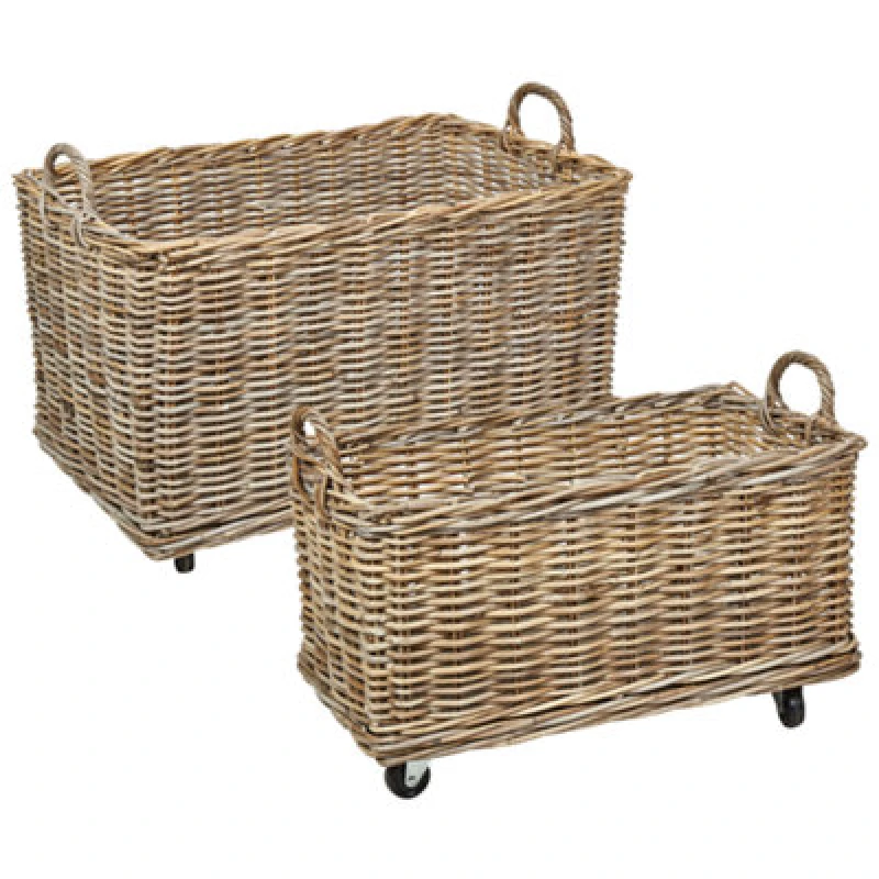 Image of Beliani Set Of 2 Baskets Kitim With Wheels Rattan Natural