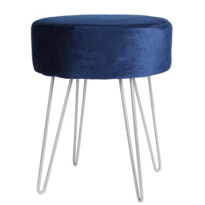 Image of Harbour Housewares Round Velvet Footstool - H40 x D35cm - Silver Legs Blue