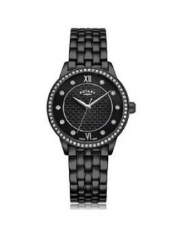 Image of Rotary Exclusive Rotary Black Textured Swarovski Set Dial Black Ip Stainless Steel Bracelet Ladies Watch