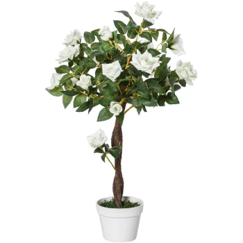 Image of 90cm Artificial Rose Tree Fake Decorative Plant 21 Flowers Pot White - Outsunny