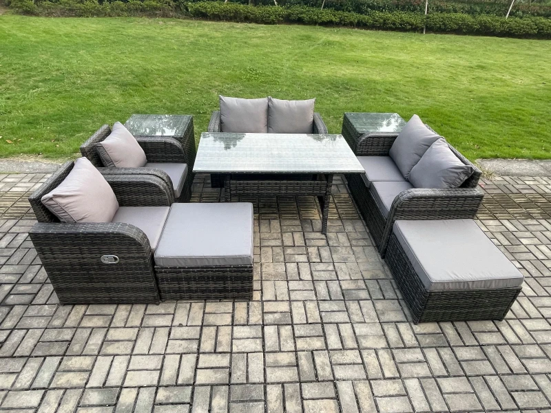 Image of Fimous Outdoor Rattan Garden Furniture 9 piece Grey Patio Furniture Set 8 Seater Lounge Sofa Set with Rectangular Table in Dark Grey Dark Grey Unisex