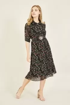 Image of Ditsy Floral Pleated 'Lacie' Skirt Dress in Black