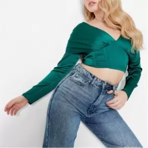 Image of I Saw It First Satin Drape Puff Sleeve Corset Crop Top - Green