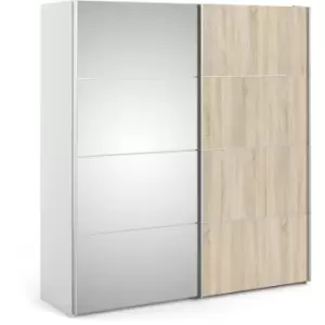 Image of Furniture To Go - Verona Sliding Wardrobe 180cm in White with Oak and Mirror Doors with 5 Shelves - White with Oak and Mirror