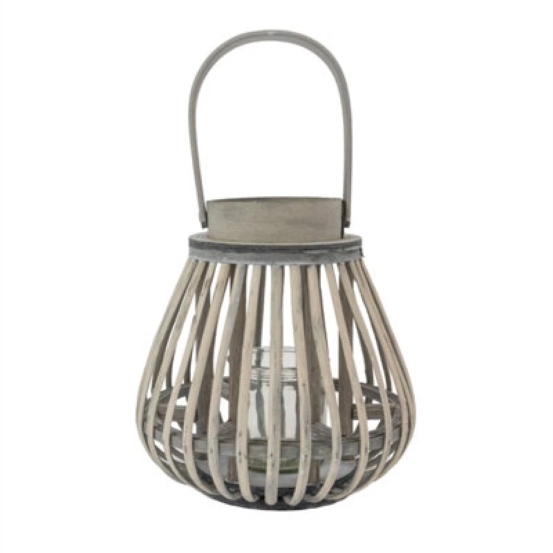 Image of Jvl Luna Natural Bulb Shaped Willow Wood Lantern With Wooden Handle - Grey White Washed