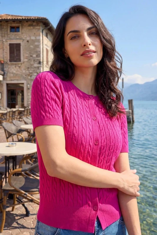 Image of Dusk Womens Cable Knit Buttoned Top in Magenta Size: 18 Magenta Female 18