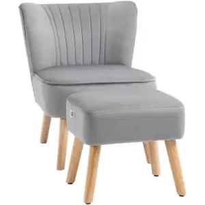 Image of Homcom - Velvet-Feel Accent Chair w/ Ottoman Tub Seat Padding Wood Legs Light Grey - Light Grey